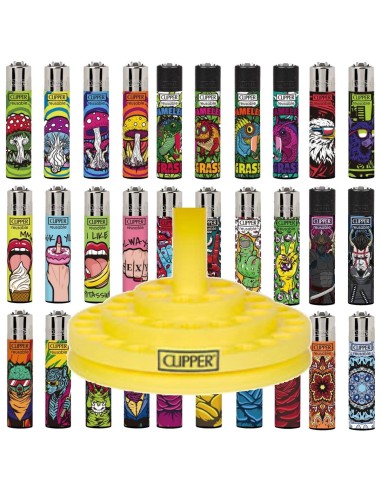 48 Accendini CLIPPER LARGE Misti Con Piatto Espositore da 48 grafiche diverse